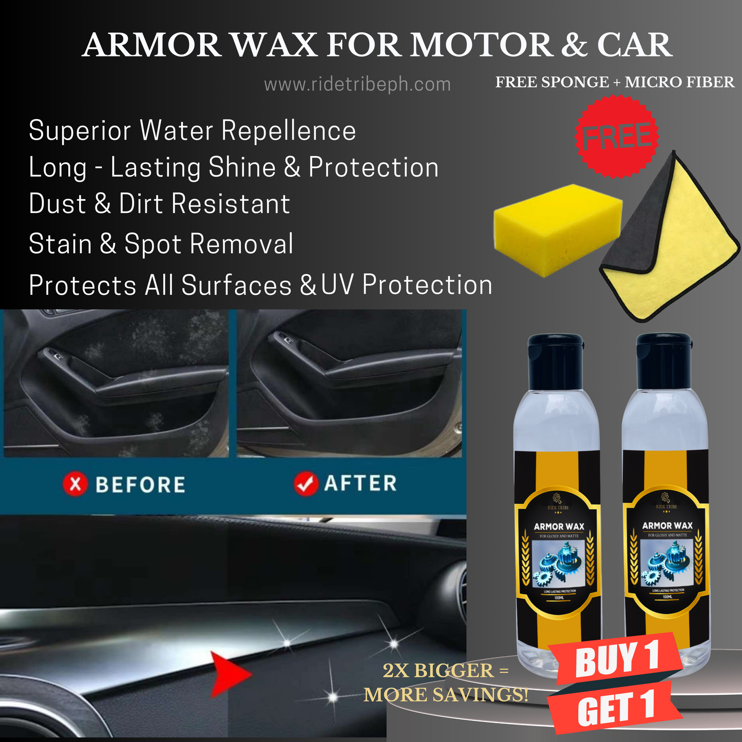 Armor Wax for Matte and Glossy Finish With 1 Free Microfiber Towel + 1 Free Sponge