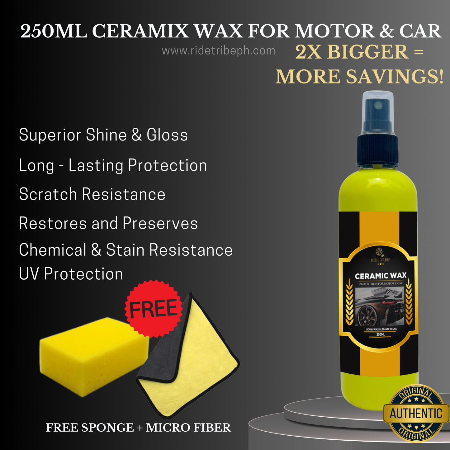 Ceramic Wax Liquid Wax Ultimate Gloss and Protection for Car and Motor With 1 Free Microfiber Towel + 1 Free Sponge
