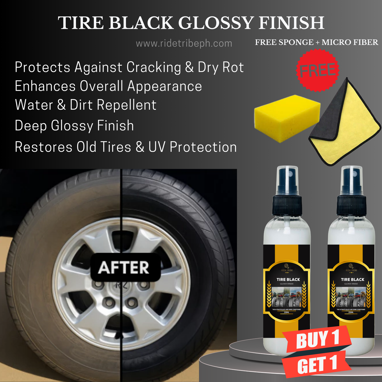 Car Care Extreme Tire Black Glossy Shine Tire Conditioner With 1 Free Microfiber Towel + 1 Free Sponge