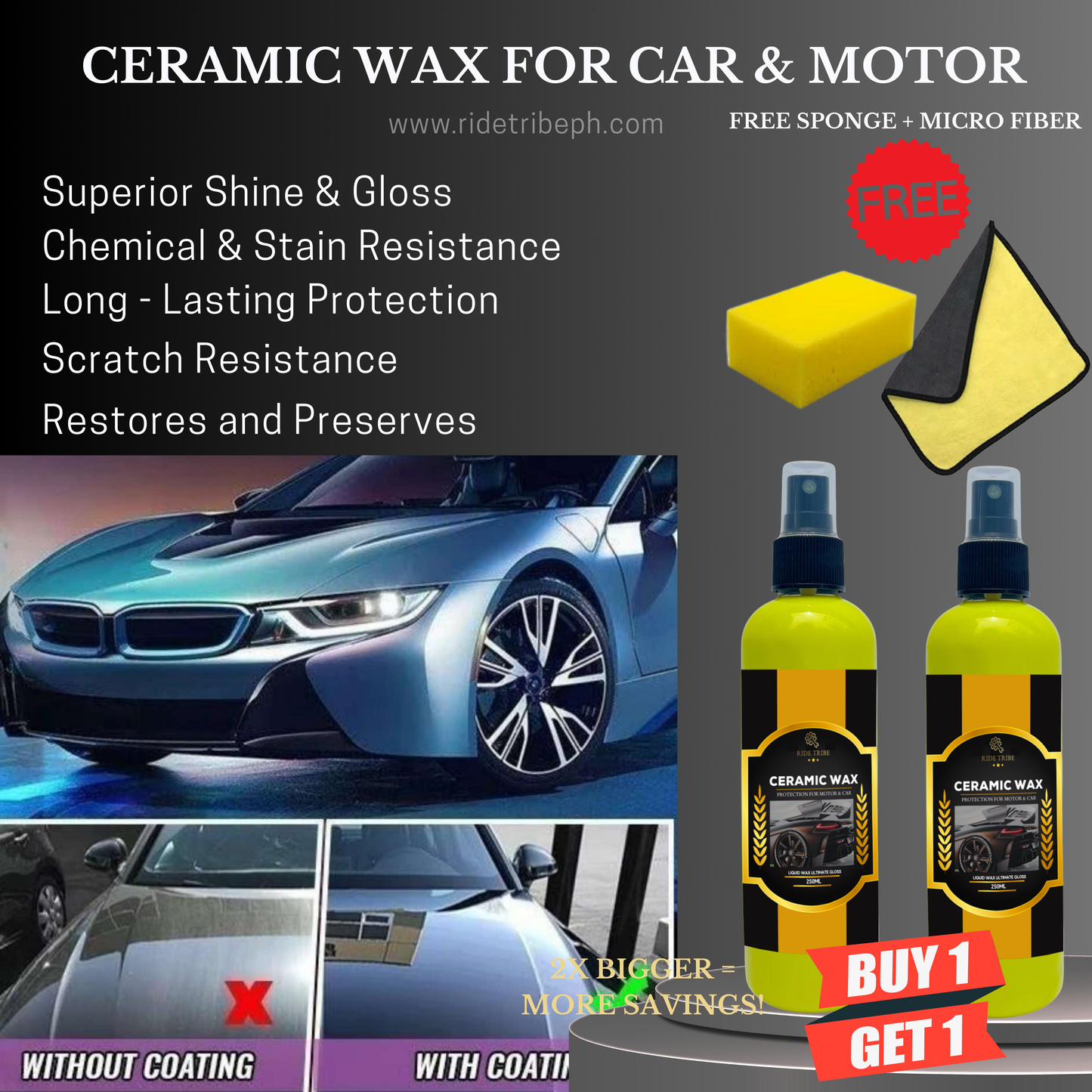 Ceramic Wax Liquid Wax Ultimate Gloss and Protection for Car and Motor With 1 Free Microfiber Towel + 1 Free Sponge