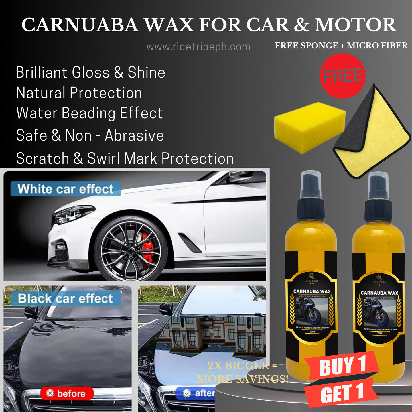 Premium Carnauba Liquid Spray Wax / Hydrophobic Mirror Finish Shine Glossy With 1 Free Microfiber Towel + 1 Free Sponge
